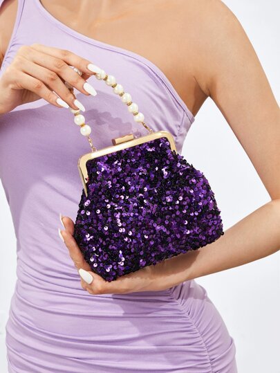 Elegant Exquisite Mini Faux Pearl Decor Chain Sequin Satchel Bag Dinner Bag Evening Bag