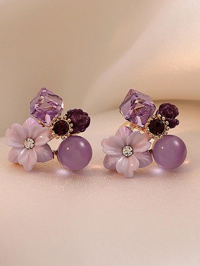 French-Style Purple Flower Earrings With Multiple Elements