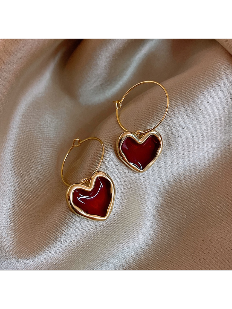 Red Heart Shaped Dripping Oil Pendant Hoop Earrings For Women