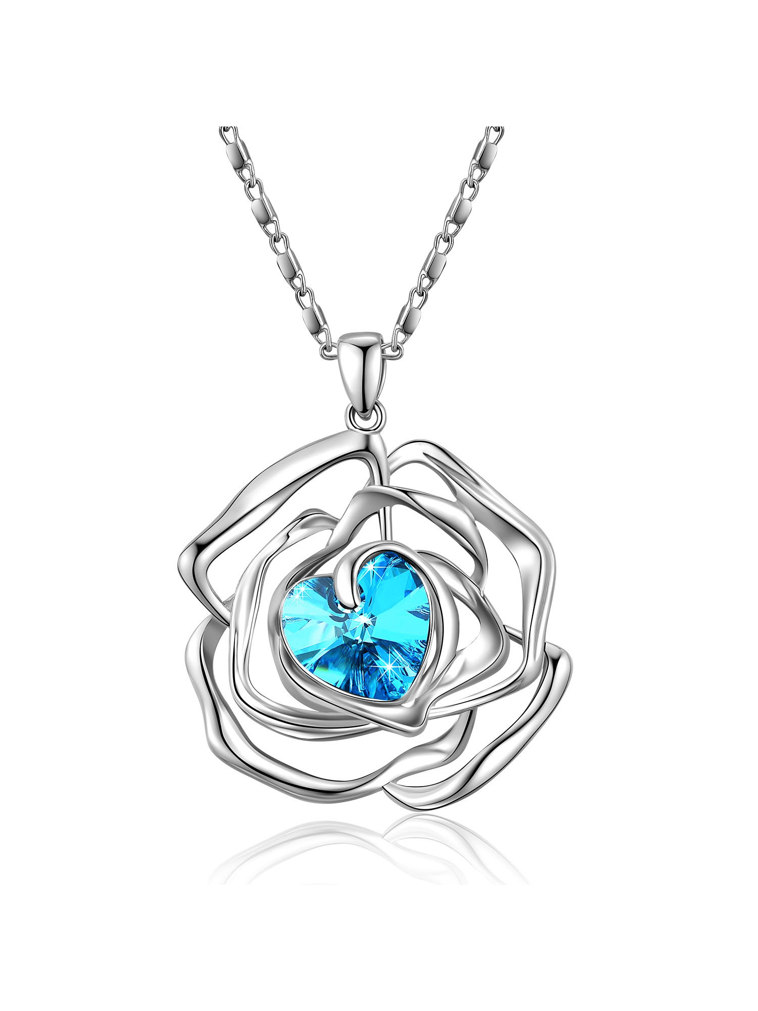 White Gold Love Heart Pendant Necklace With Blue Sapphire Crystals Gifts For Woman