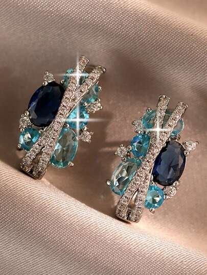 Blue White Cubic Zirconia Paved Elegant Trendy Round Decor Earrings