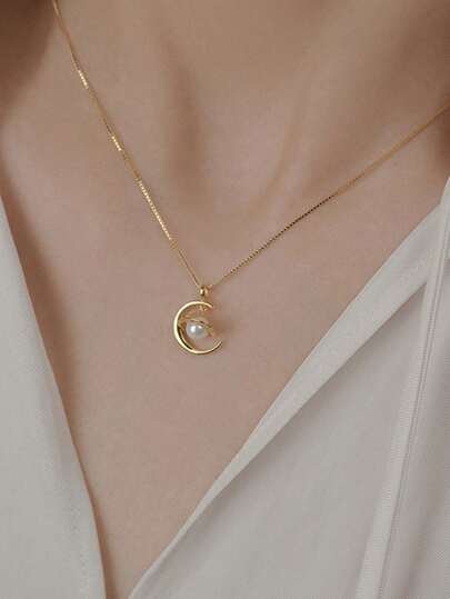 Sterling Silver Star  Moon Pendant With Pearl  Clavicle Chain Necklace For Women  Birthday Gift