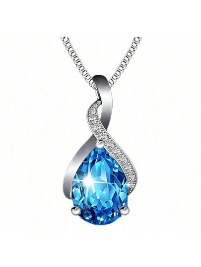 Crystal Teardrop Shaped Pendant Plated 925 Sterling Silver Collarbone Necklace