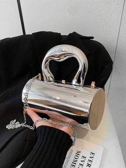 Fashionable Mirrored Cylinder Shaped Handbag With Chain Strap