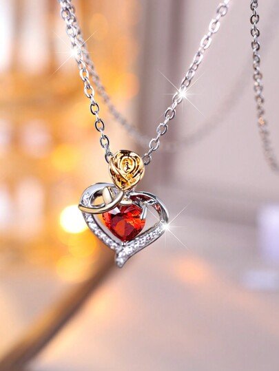 Red Love Heart Exquisite Artificial  Golden Rose Flower Shape Pendant Necklace For   Valentines Gift