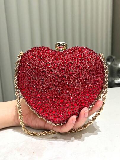 Clutch Bag For Banquet And Formal Occasion Red Heart Shaped Rhinestone  Evening Bag