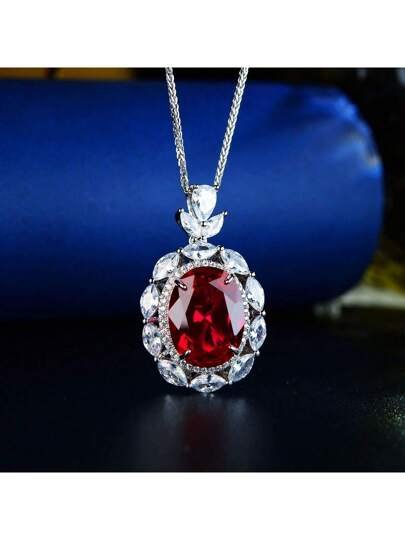 Sterling Silver Cultured Ruby Pendant Necklace  Valentines Day Gift For Girlfriend